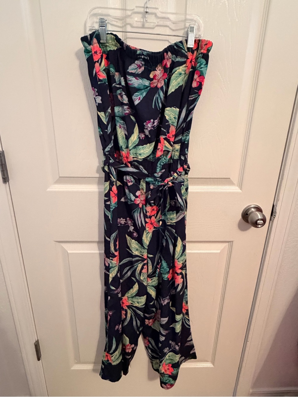 Blush Navy Strapless Floral Jumpsuit with Green & Coral Accents